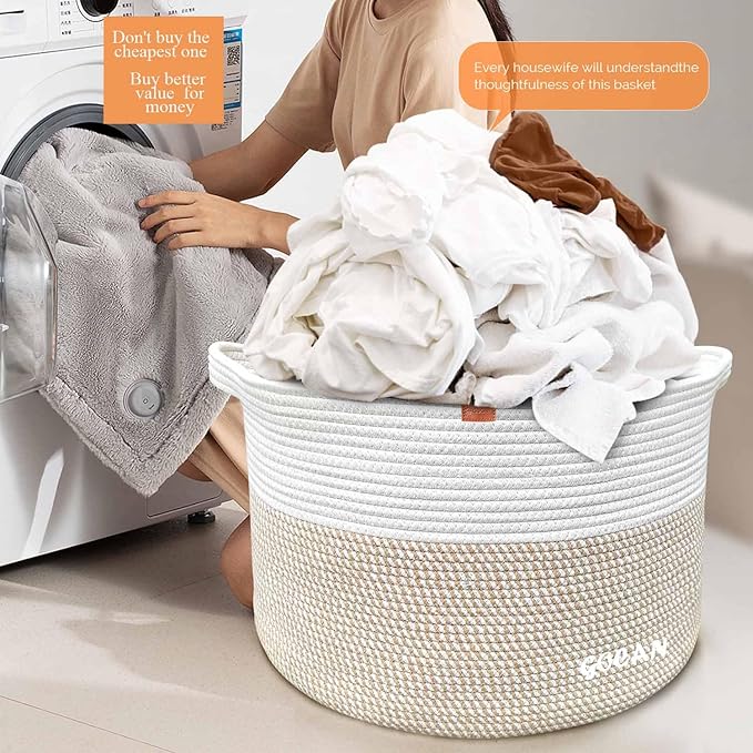 Large Laundry Basket Toy Storage Blanket Basket Woven Cotton Rope Baskets with Handles for Living Room (Brown/Beige) XXXL