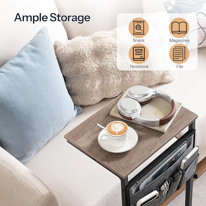 HOOBRO C Shaped End Table, 29.5’’ Adjustable Height Side Table with Storage Pockets, Couch Table Slide Under for Sofa, Small Space, for Living Room, Bedroom, Greige and Black BG77SF01