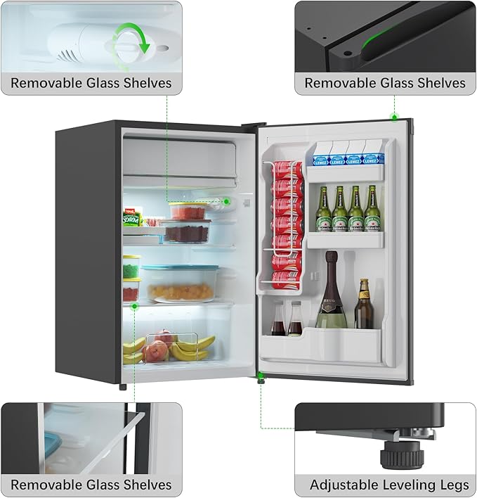 Jojoka 4.3 Cu.ft Mini Fridge with Freezer, Single Door Small Refrigerator with Slide Out Glass Shelves, Compact Refrigerator for Bedroom, Office, Dorm