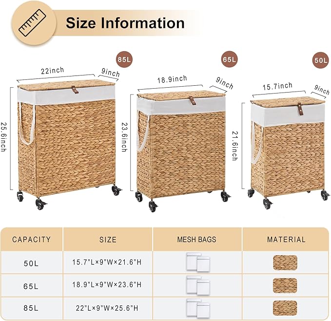 Rolling Laundry Hamper with Lid and Wheels, Slim Laundry Basket with Removable Liner Bag & 2 Mesh Bags, Handwoven Water Hyacinth Clothes Hamper for Bedroom Bathroom (Natural, 85L)