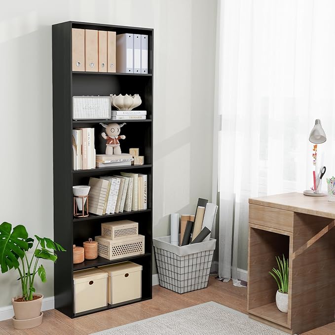Tangkula 6-Tier Bookcase, 70” Tall Freestanding Bookshelf with 6 Open Shelves, Anti-Toppling Kits, Floor Display Storage Organizer for Living Room, Study, Kitchen, Home & Office (Black, 70" H)