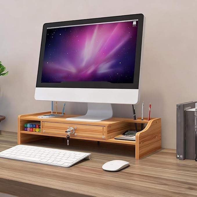 Monitor Stand Riser - Desktop Organizer with Drawer Organization, Durable Design with Multi-Use Function, Computer Monitor Riser for Laptop, Printer, TV, Storage, Dorm, 19.21 Inch