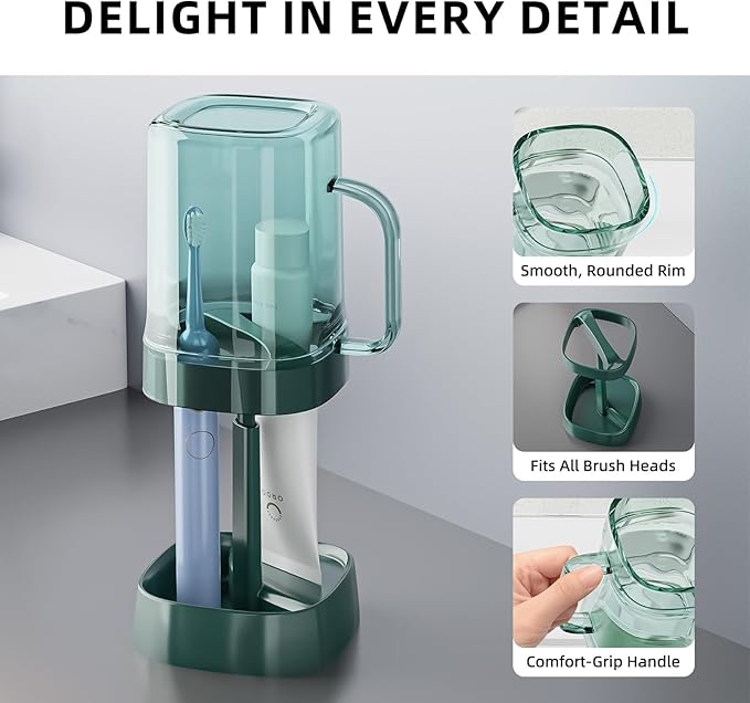Toothbrush Holder with Cover/Cup, Bathroom Counter Organizer for Regular and Electric Toothbrushes and Toothpaste, Sleek Modern Bathroom Accessories, Green
