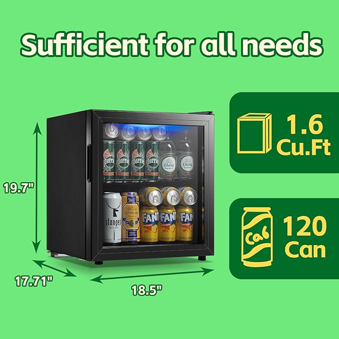 WANAI Beverage Refrigerator Cooler 1.6 Cu.Ft Freestanding Beer Fridge with Glass Door LED Light and Adjustable Shelf for Soda or Wine, Perfect for Home Bar Office