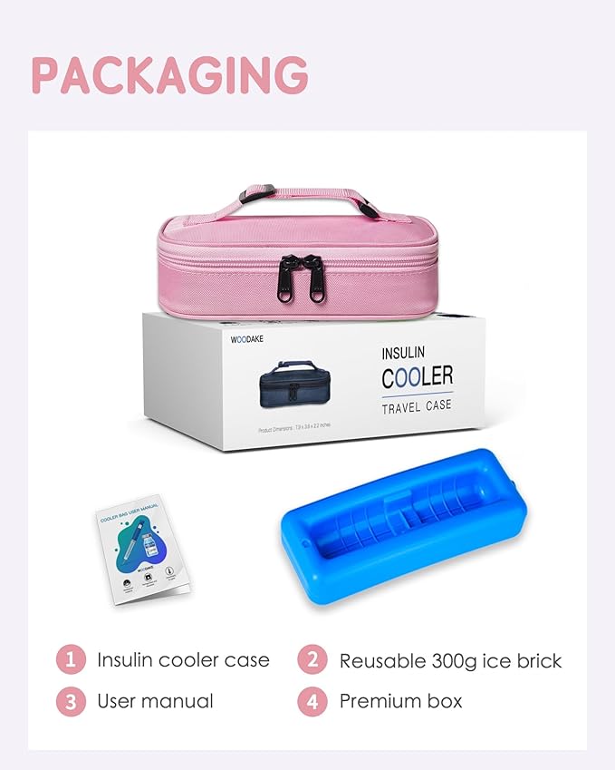 Insulin Vial Cooler Travel Case TSA Approved 300g Reusable Ice Brick Insulin Pen Case Holds 2 Pens and 2 Vials Long Lasting Medicine Cooler for Travel Camping and Outdoor Activities (Pink)