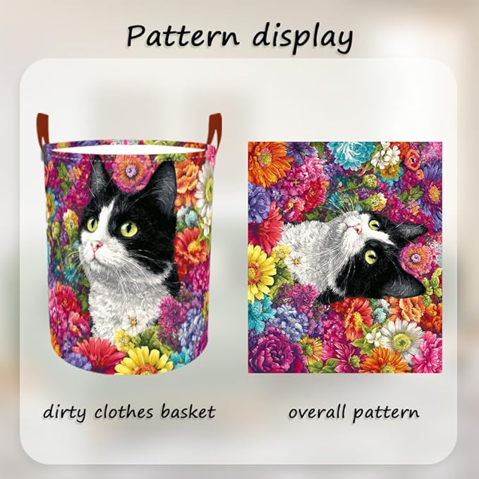 Laundry Baskets 15.7x19.7 Inch Large Cat Floral Garden Design Collapsible Laundry Hamper with Handles Oxford Fabric Clothes Storage Bin Foldable Dirty Clothes Organizer for Bedroom Bathroom Dorm