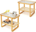 GOFLAME Bamboo Side Table Set of 2 with Glass Top, 2-Tier End Table with PE Rattan Shelf, Ideal for Bedroom, Living Room