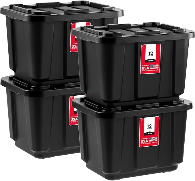 IRIS USA 12 Gallon Heavy Duty Truck Bed Toolbox Storage Tote Bins with Lids, 4 Pack - Made in USA, Tough Snap On Lockable Lid Stackable Industrial Rugged Tubs, Garage Organization Box - Black