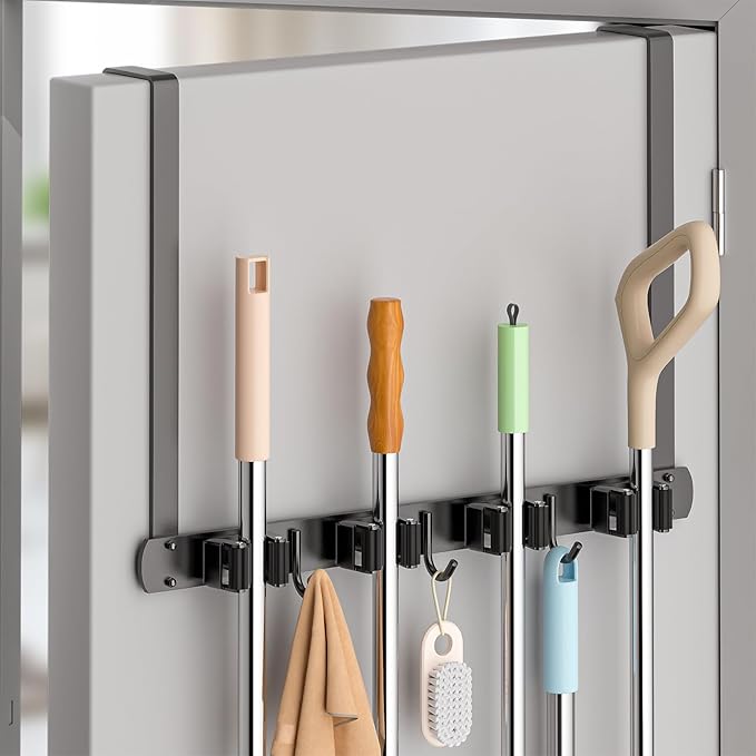 Broom Holder Over The Door - 304 Stainless Steel Mop and Broom Holder Wall Mounted or Hanging Over The Door with Hooks - Broom Hanger, Broom Storage Tool Organizer for Garage Closet Laundry