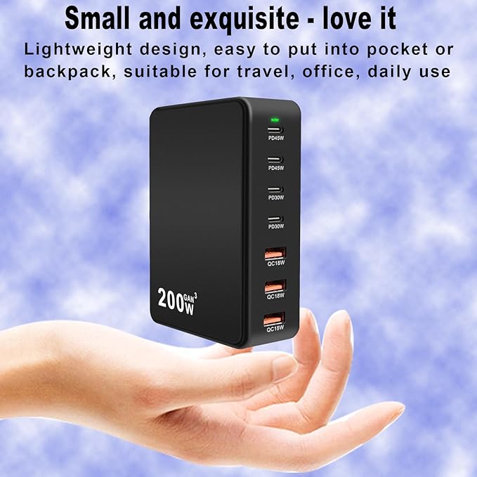 USB C Charger Charging Station 200W 7-Port GaN Fast Charging Block PD 3.0 TypeC and USB A Wall Charger Laptop Power Adapter for All iPhone16/15/14 iPad Samsung Android Pixel Series (Black)