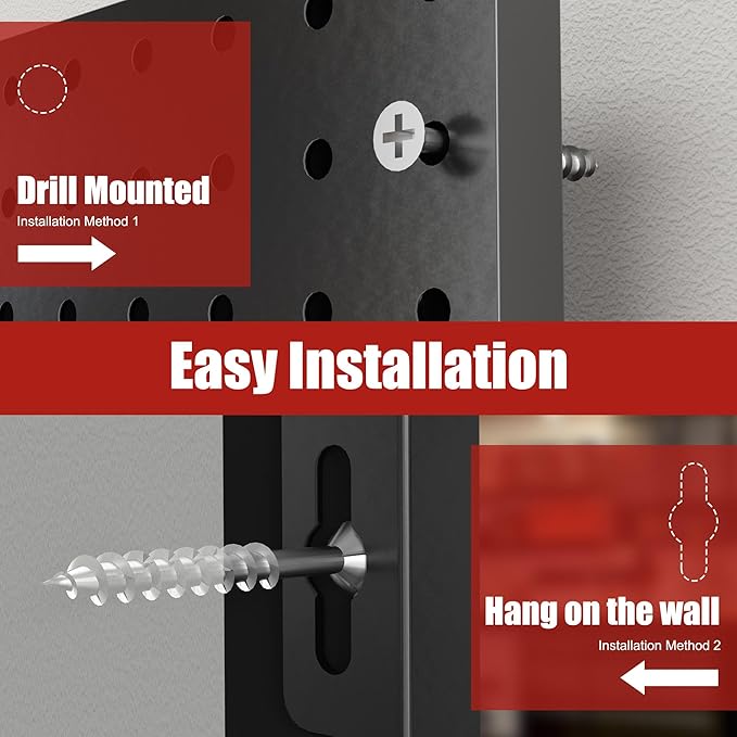 4 Pack Metal Pegboard Panels with 50 Hooks, Black Pegboard Wall Organizer, Pegboard Accessories, Heavy Duty Garage Tool Storage System for Workbench, Workshop, Office, Craft Room