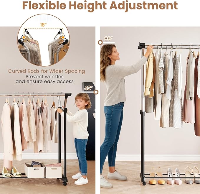 COSTWAY Double Rod Clothing Rack, Rolling Garment Rack with Shelf, Wheels, Adjustable Height Heavy Duty Metal Clothes Racks for Hanging Clothes for Dressing Room, Laundry, Living Room