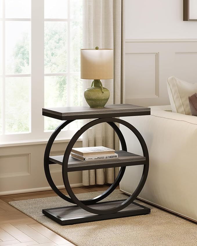 LITTLE TREE End Table, 3-Tier Side Table, Slim Sofa Side Table for Living Room, Tall Bedside Table Nightstand for Bedroom, Grey and Black