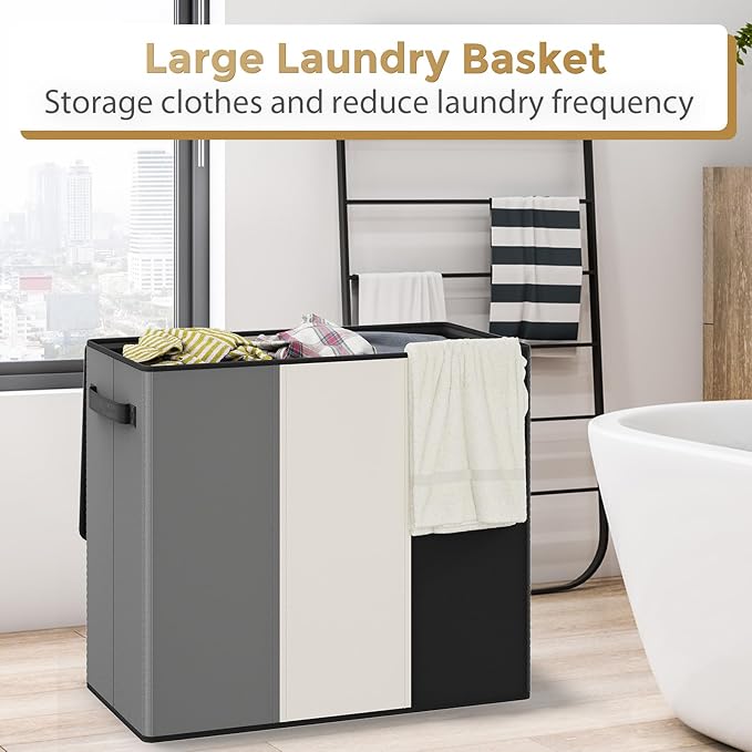 180L Laundry Hamper 3 Section, Large Laundry Basket with Lid, Laundry Basket Organizer with Handles, Divided Laundry Baskets, Clothes Hampers for Laundry, Bedroom, Bathroom