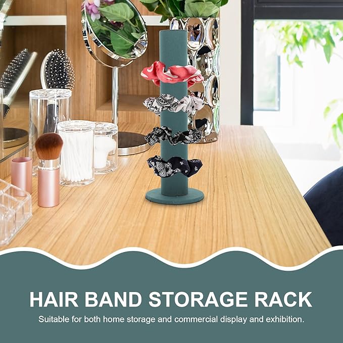 Velvet Vertical Tower Scrunchie Holder Stand Hair Tie Organizer Headband Storage Rack for Jewelry Watches Green Design for Bedroom and Store Display