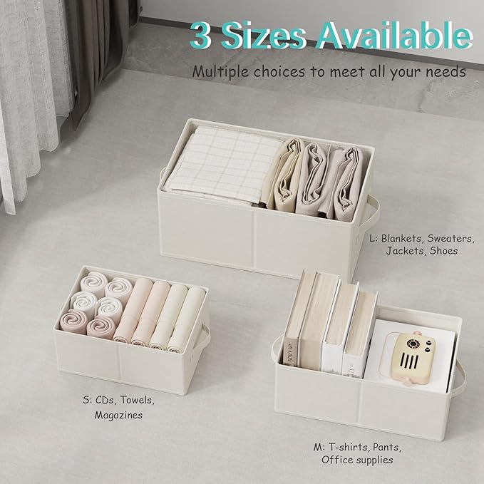 Foldable Closet Organizer, 3 Pack Cube Storage Bin, Clothes Basket for Shelves with 2 Handles, Saving Space, Beige, 18.5 x 11 x 7.9 In, XSNY11BEL-3