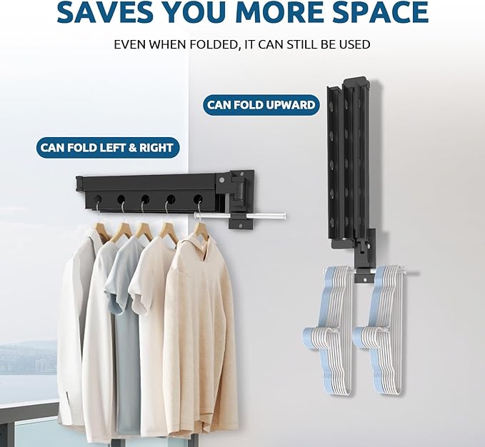 Clothes Drying Rack Wall Mounted, Multi-Tier Collapsible Laundry Drying Rack, Space Saving Wall Mounted Clothes Drying Rack for Indoor & Outdoor, Retractable, Folding, Black Drying Rack Clothing