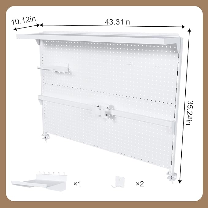 KEIKI Clamp-On Desk Pegboard with Single Monitor Stand, 43" x 35" Steel Peg Board Office Organizer with Hooks, Movable Panel & Shelf for Office Supplies, Gaming Setup & Desk Organization, White