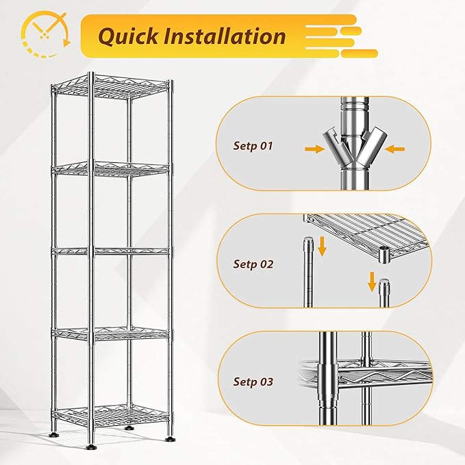 5 Wire Shelving Metal Shelves Storage Rack:Adjustable Storage Shelves Standing Shelf Units and Narrow Shelf for Laundry Bathroom Kitchen Pantry Closet Office 12''Wx12''Dx49''H Chrome