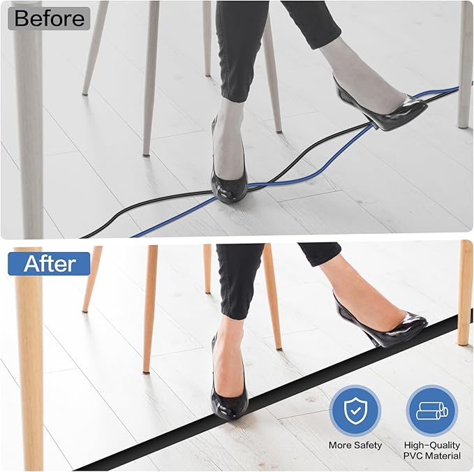 Floor Cord Cover Self Adhesive Cord Hider Floor Extension Cord Covers for Floor Power Cord Protector Cable Management Prevent Cable Trips Cable Cavity 0.47" W x 0.27" H (Black, 3.3Ft)