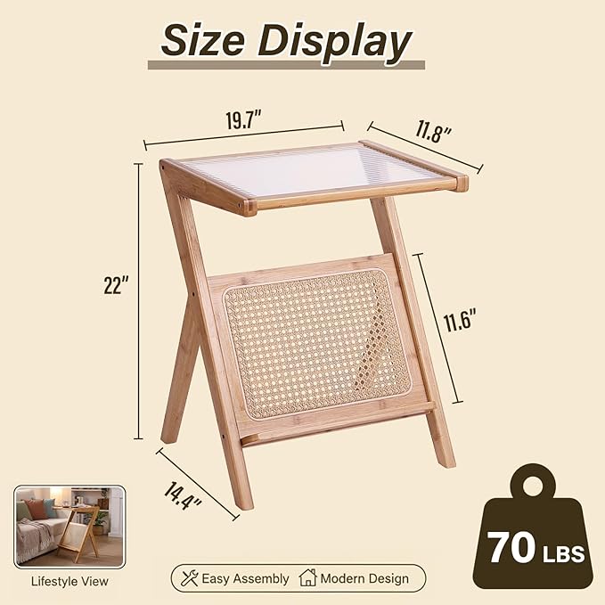 Tiita Rattan Side Table, Mid Century Nightstand, Bamboo Accent Bedside Tables, Glass Coffee Tables, Boho Wooden End Table with Storage for Small Space, Living Room and Bedroom