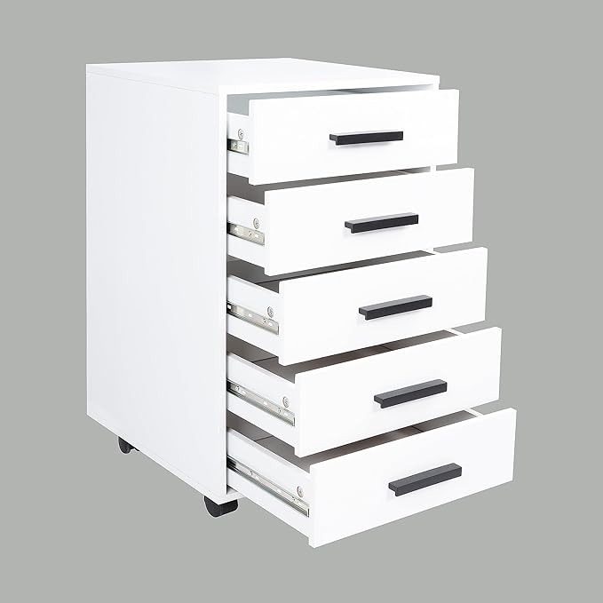 5-Drawer Rolling Under Desk Storage Cart - Mobile Organizer with Lockable Casters, White Engineered Wood Scratch-Resistant for Home Office Dorm Studio, 15.7 x 15.7 x 26 Inches