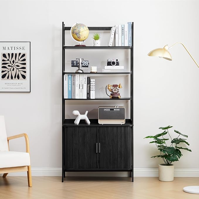 4-Tier Bookshelf, Tall Bookcase with Open Shelf and Sliding Door, 67” Freestanding Storage Organizer Display Cabinet for Living Room, Home Office (Black)
