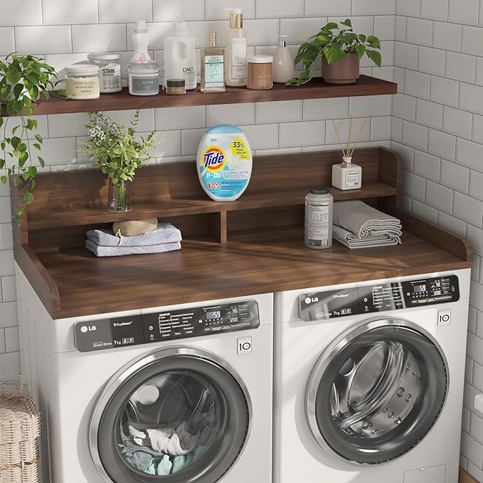 2-Tier Washer Dryer Countertop with 2.75" H Edge Rails, 58" W x 28" D Laundry Countertop for Folding Clothes, Washer and Dryer Topper with Non-Slip Pad (Dark Walnut)