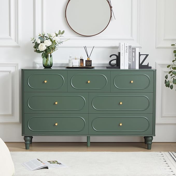 Fluted 7 Drawer Dresser for Bedroom, Modern Mid Century Chest of Drawers, Wood Storage Large Dresser Organizer for Bedroom Living Room Closet Hallway, Green