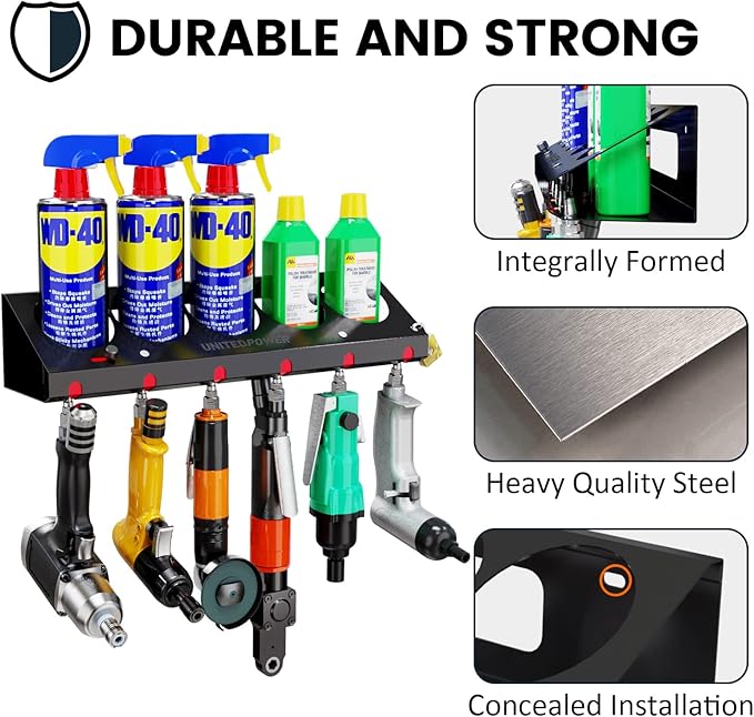 UNITEDPOWER Pneumatic Tool Holder Lockable/Aerosol Rack Combo, Wall Mounted Spray Can Bottle Holder, Air tool organizer, for Garage and Workspace, 5 Cans and 6 slots