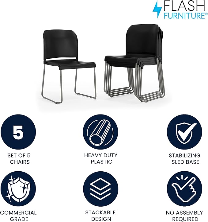 Flash Furniture Hercules Series Contoured Stacking Chairs for Waiting Rooms and Offices, Ergonomic Lobby Chairs with Curved Back, Set of 5, Black