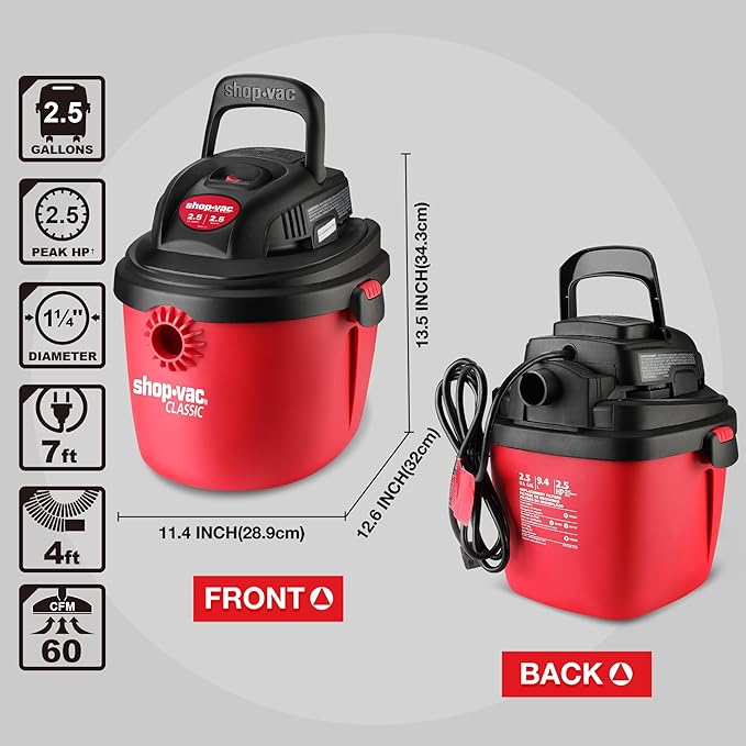 Shop-Vac 2.5 Gallon 2.5 Peak HP Wet/Dry Vacuum, Portable Compact Shop Vacuum with Collapsible Handle Wall Bracket & Multifunctional Attachments for Home, Jobsite. 2036000