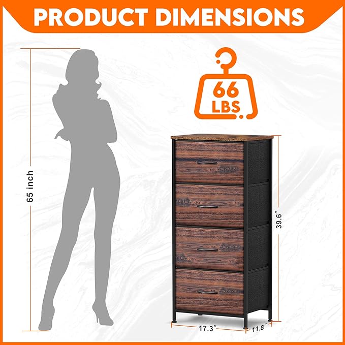 4 Fabric Drawer Dresser for Bedroom, Chest of Drawers with Waterproof Wood Top Tall Dresser for Hallway, Living Room, Kid Room (Rustic Brown)