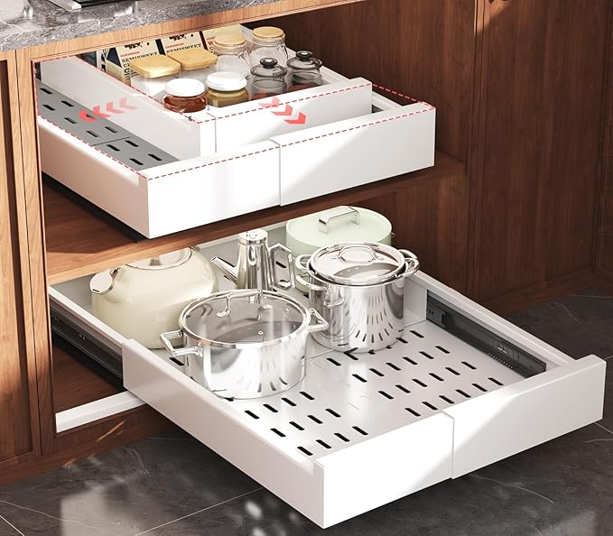 2 Pack Pull Out Cabinet Organizer Expandable Width(11"-16") and Depth(17"-24"),Slide Out Drawers With Raising Pad for Framed Cabinets,No Drill Roll Out Shelves for kitchen,Bathroom,White
