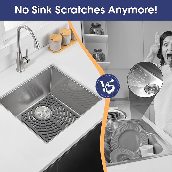 2PCS Silicone Sink Protector 12"x14" Rear Drain Hole, Heat Resistant Non-slip Dishwasher Suitable, Sink Mat for Bottom of Farmhouse Kitchen Stainless Steel Sinks(Grey)