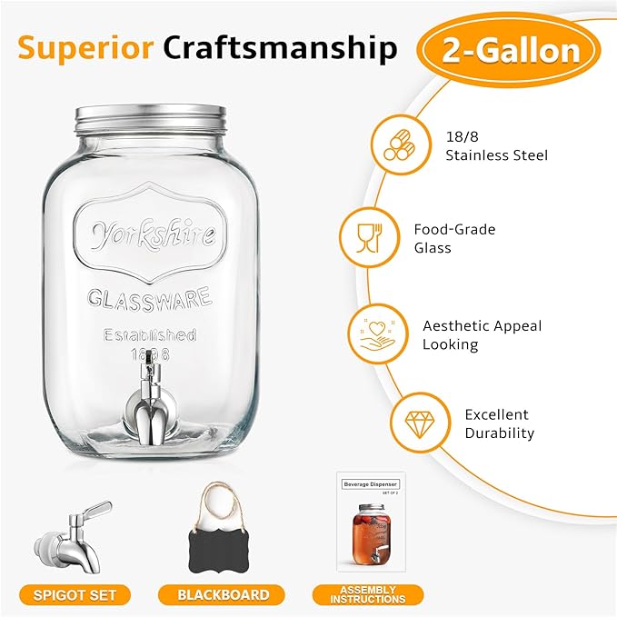 2 Gallon Glass Beverage Dispenser, 18/8 Stainless Steel Spigot and Lid - Glass Drink Dispensers for Parties - Mason Jar Drink Dispensers with Lids - Laundry Detergent Holder