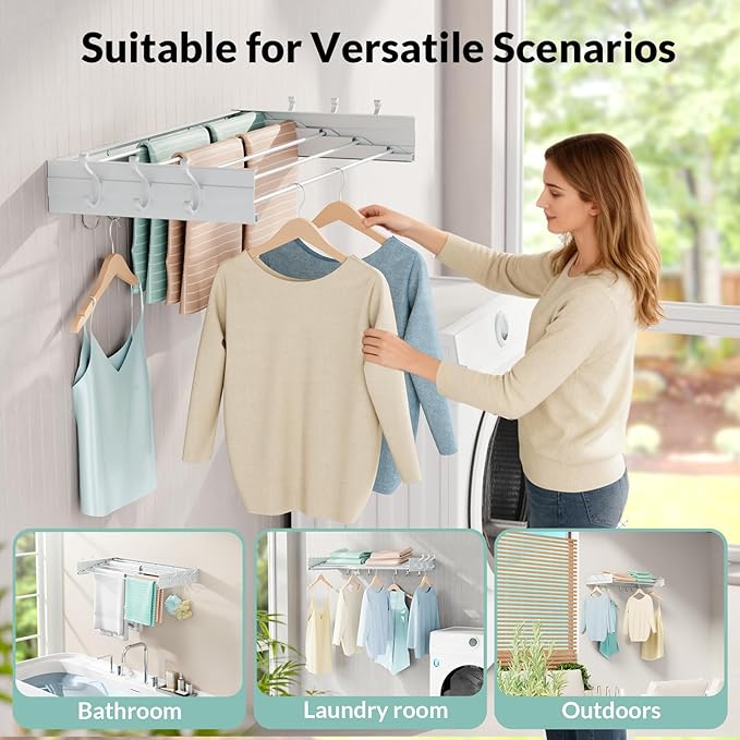 BAKON Wall Mounted Drying Rack, Indoor Outdoor Foldable Wall Mounted Clothes Drying Rack, Concealed Wall Drying Rack - Space Saving for Storage and Drying Clothes, 6 Hooks, 5 Poles (31.5"【Upgrade】)