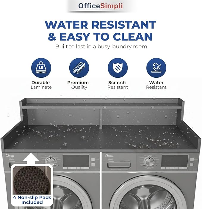 OfficeSimpli Washer Dryer Countertop with Shelf - 27.5 x 54 Inch - Made in USA Laundry Countertop Over Washer and Dryer with Non-Slip Pads, Storage Shelf, Laundry Topper Organizer, Slate Grey