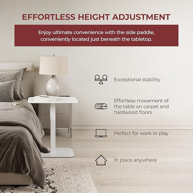 Ergohome™ ELEVANCE Table™ Height Adjustable Minimalist Tables, Laptop Desk, Living Room, Small Side Table, Drink Coffee End Table, Sofa Table, Study and Small Spaces (White Base Cloud White Top)