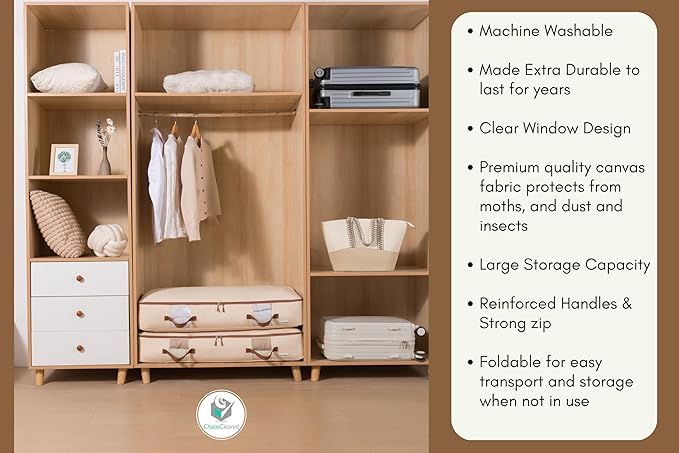Under Bed Storage Bags 2 Pack - Low Blanket Storage Containers for Bedding, Linens & Sweaters, Made from Canvas, Extra Durable & Perfect Space Saving Solution, 38"L x 19"W x 6"H, Beige