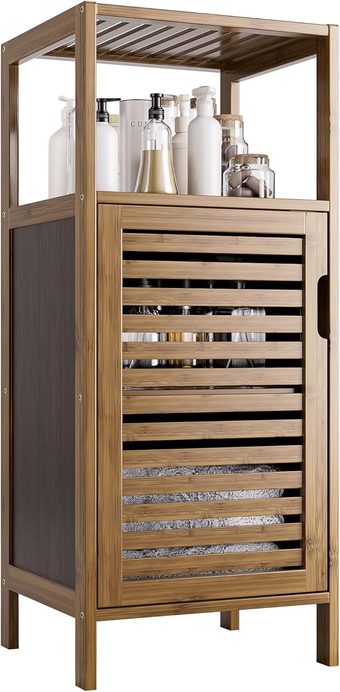 HITNET Bathroom Cabinet, Bamboo Floor Cabinet Free Standing, 4 Tier Sofa Side Storage Cupboard for Living Room Kitchen Bedroom, Walnut