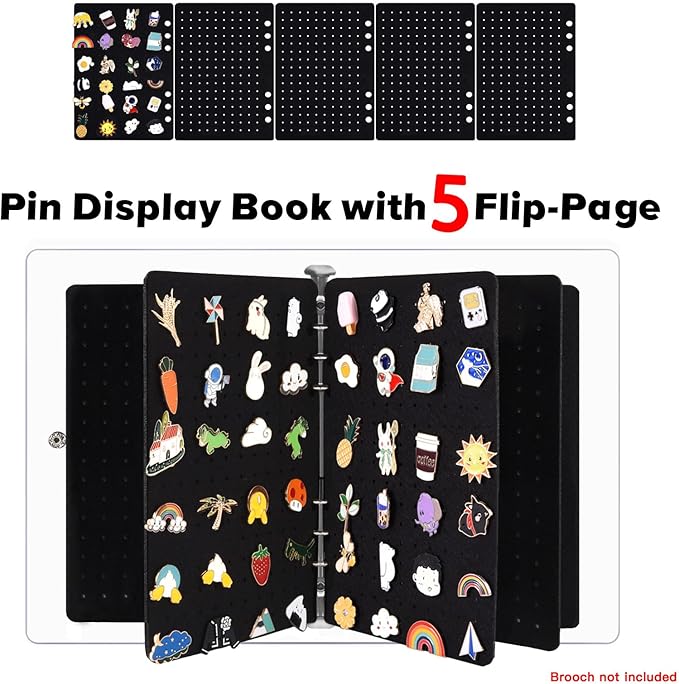 5 Pages A5 Enamel Pin Display Book, Pins Collection Storage Organizer Book,Clear PVC Cover, Portable Travel Pin Display Book for Brooch Collectors (Not Include Accessories).Black