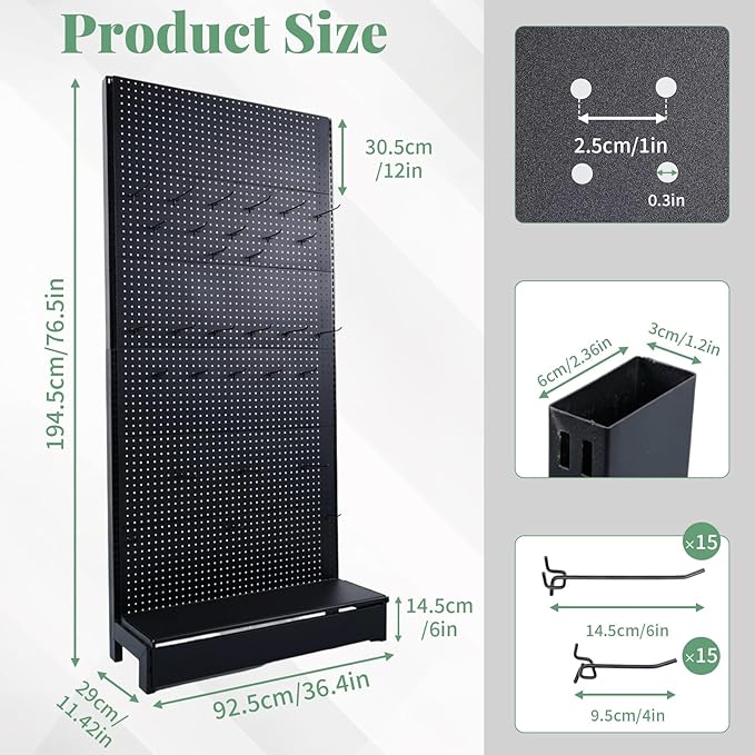 Pegboard Display Stand, Retail Shelving Wall Display with Extra 30 Pieces Hooks, Standing Peg Board Display with 4 pcs Single Side Board Panels, for Supermarket, Grocery Stores, Black