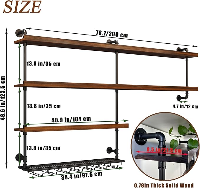 Solid Wood Wall Mounted Wine Rack, Large Wine Rack with LED Light, 4 Tiers Liquor Bottles Floating Shelves with Glass Holder, Industrial Bar Shelves for Home Bar Dining Room (78.7 IN/ 200CM)