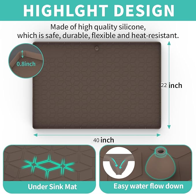 Under Sink Mat for Kitchen, Silicone Waterproof Liner, Flexible Organizer Tray with Drain Hole, 3.7 Gallons Capacity, Easy to Clean