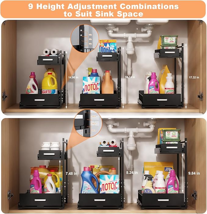 Under Sink Organizer,2 Tier Slide Out Kitchen Cabinet Organizers with Pulley,Under Bathroom Sink Pull Out Organizer with Multiple Height Adjustments for Kitchen and Bathroom Cabinets(Black)
