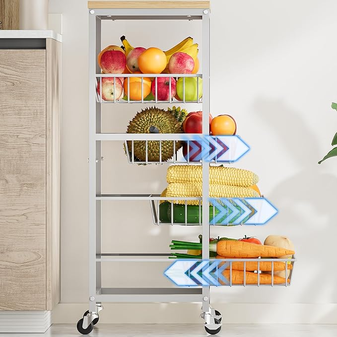 Snack Cart, 5-Tier Kitchen Carts on Wheels with Storage,Fruit Basket Stand with Pull-Out Baskets and Wood Top,Kitchen Organizer for Fruit Vegetable Snack (Oak Beige)
