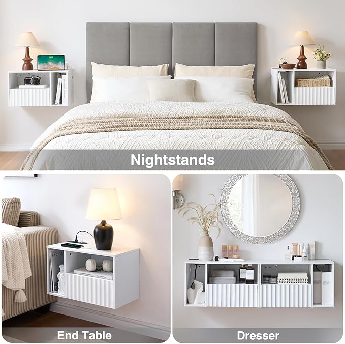 Modern Matte White Fluted Floating Nightstand with Charging Station, NightStand with Drawers, Bedside with USB Ports and Outlets, Bedroom Furniture(Left)
