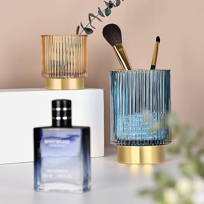 DASITON Makeup Brush holder Organizer,Crystal Cosmetic Makeup Brush Glass Brushes Storage Holder, Vintage Make Up Brush Cup Pen Pencil Holder striped vase(Blue S)