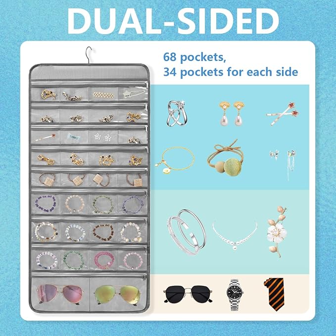 Travel Jewelry Organizer Dual Sided Hanging Earring Holder Bracelet Storage Rolls Rings Display Case with 68 Zippered Pockets (GREY)